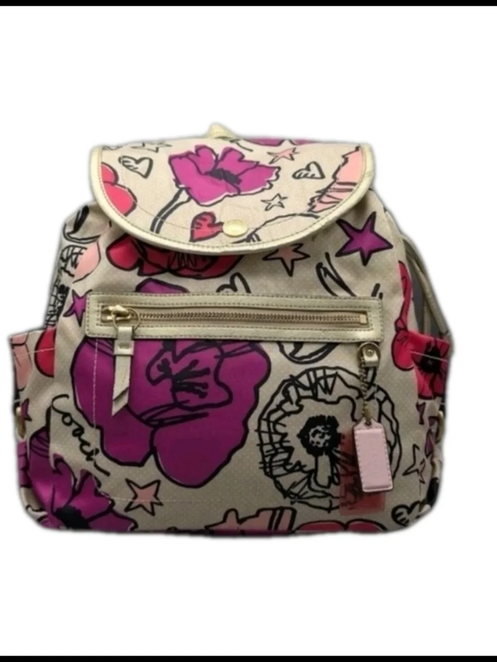 COACH Kyra Floral Poppy Print Backpack Pink White Purple Gold Tone Bag